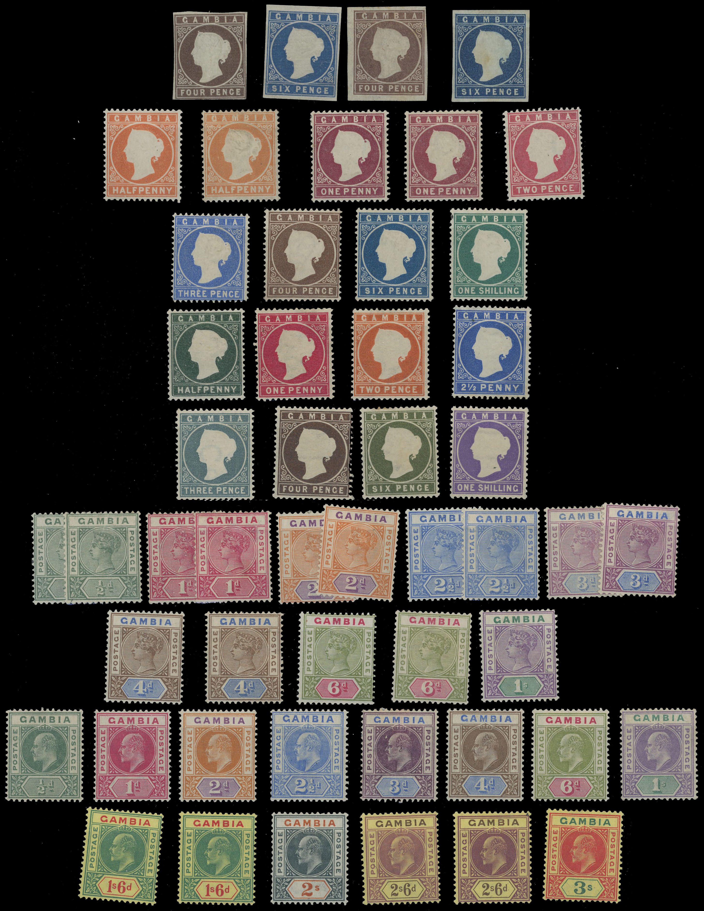 GAMBIA: 1869 to 1935 collection neatly displayed on stockcards including 1869 4d and 6d, 1874 4d and 6d, 1880 to 1s, 1896