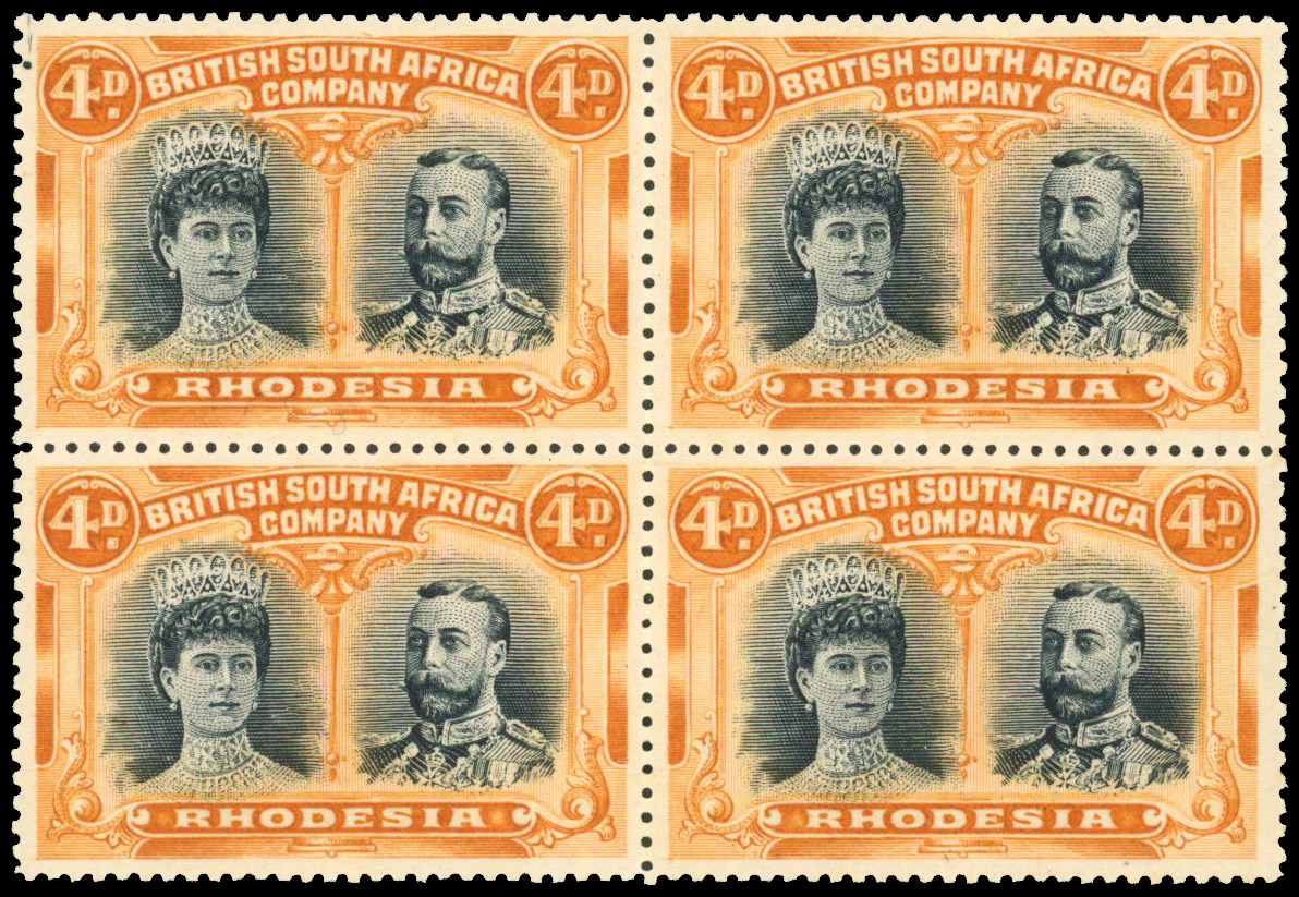Rhodesia 1910-13 4d black and orange perf 15x14 block of 4