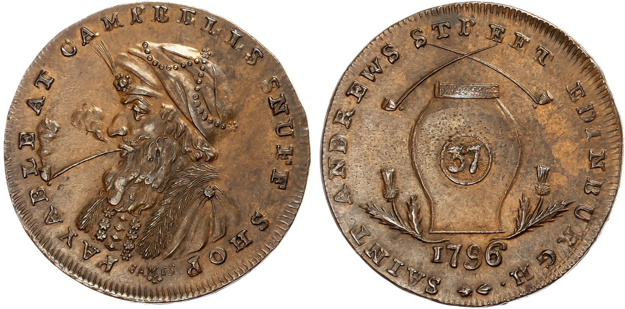 Loth.  Edinburgh , Euphame Campbell Halfpenny 1796, Turbaned Turk’s bust left, smoking a pipe, rev . Tobacco jar marked  …