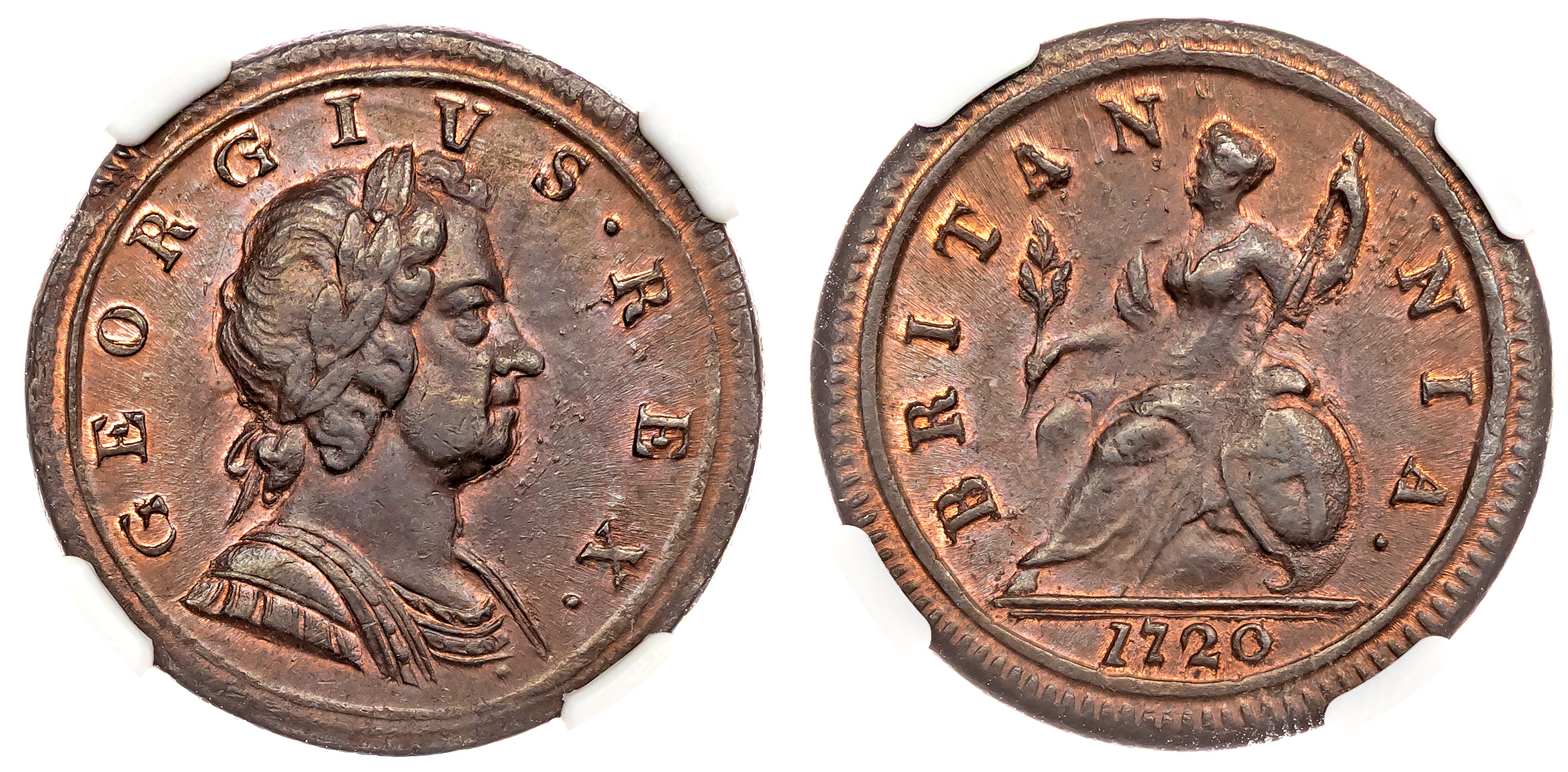 George I (1714-1727), Second Issue, Halfpenny, 1720. NGC MS64BN (Finest Graded by NGC)