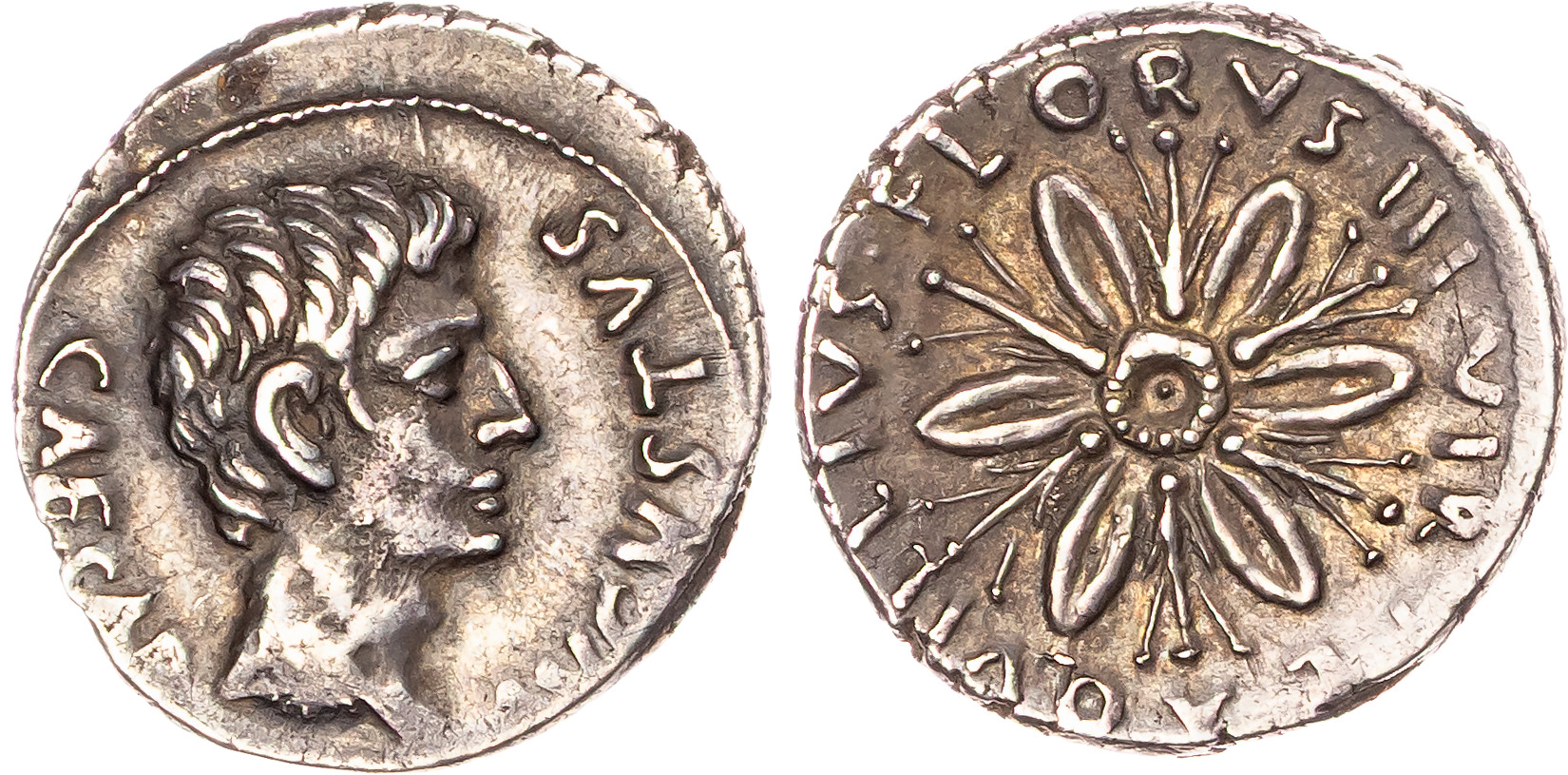 Augustus (27 BC–AD 14) AR Denarius, Rome, L. Aquillius Florus, moneyer, c. 19 BC, 4.06g.