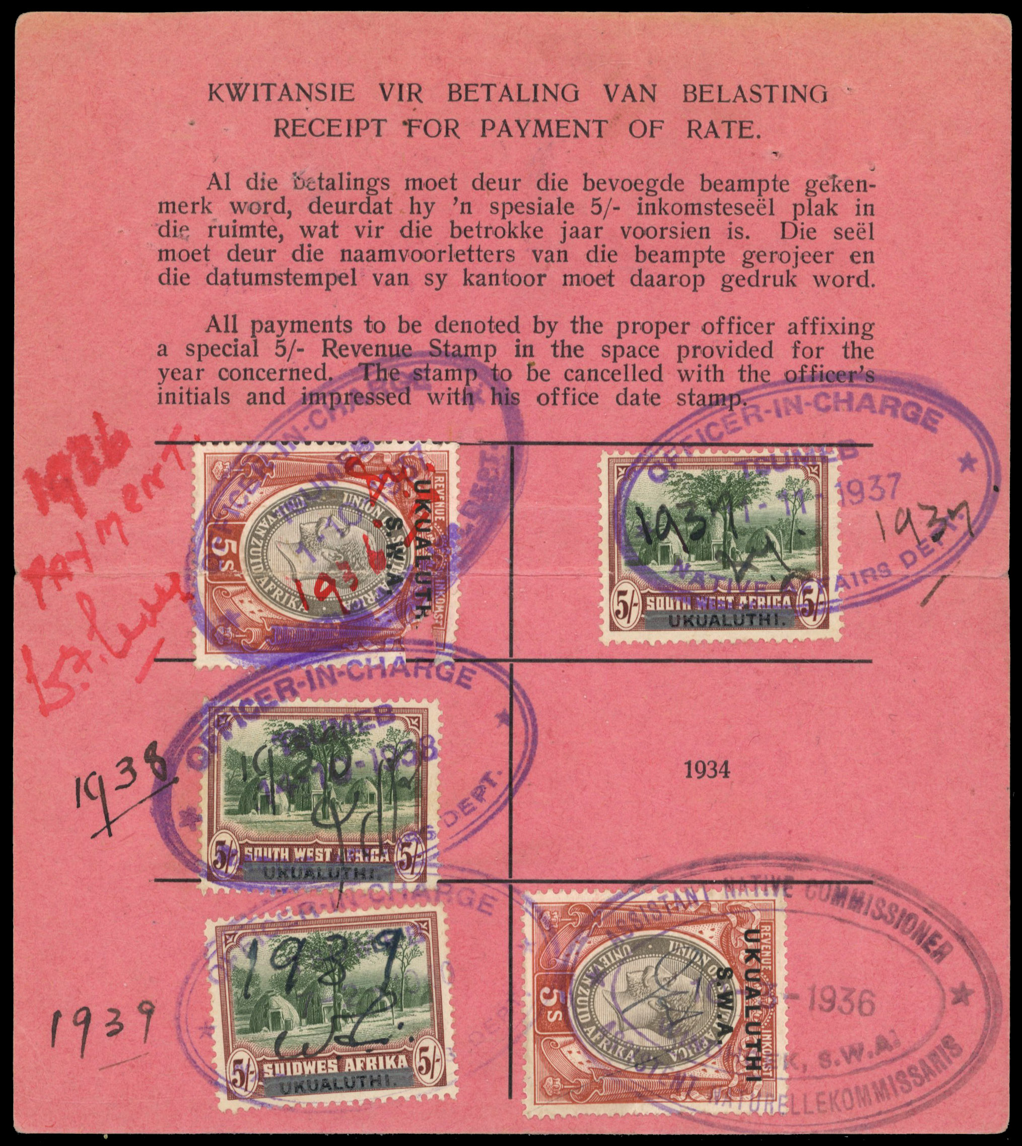 South West Africa. Tribal Taxes; Ukualuthi. Three Registration cards