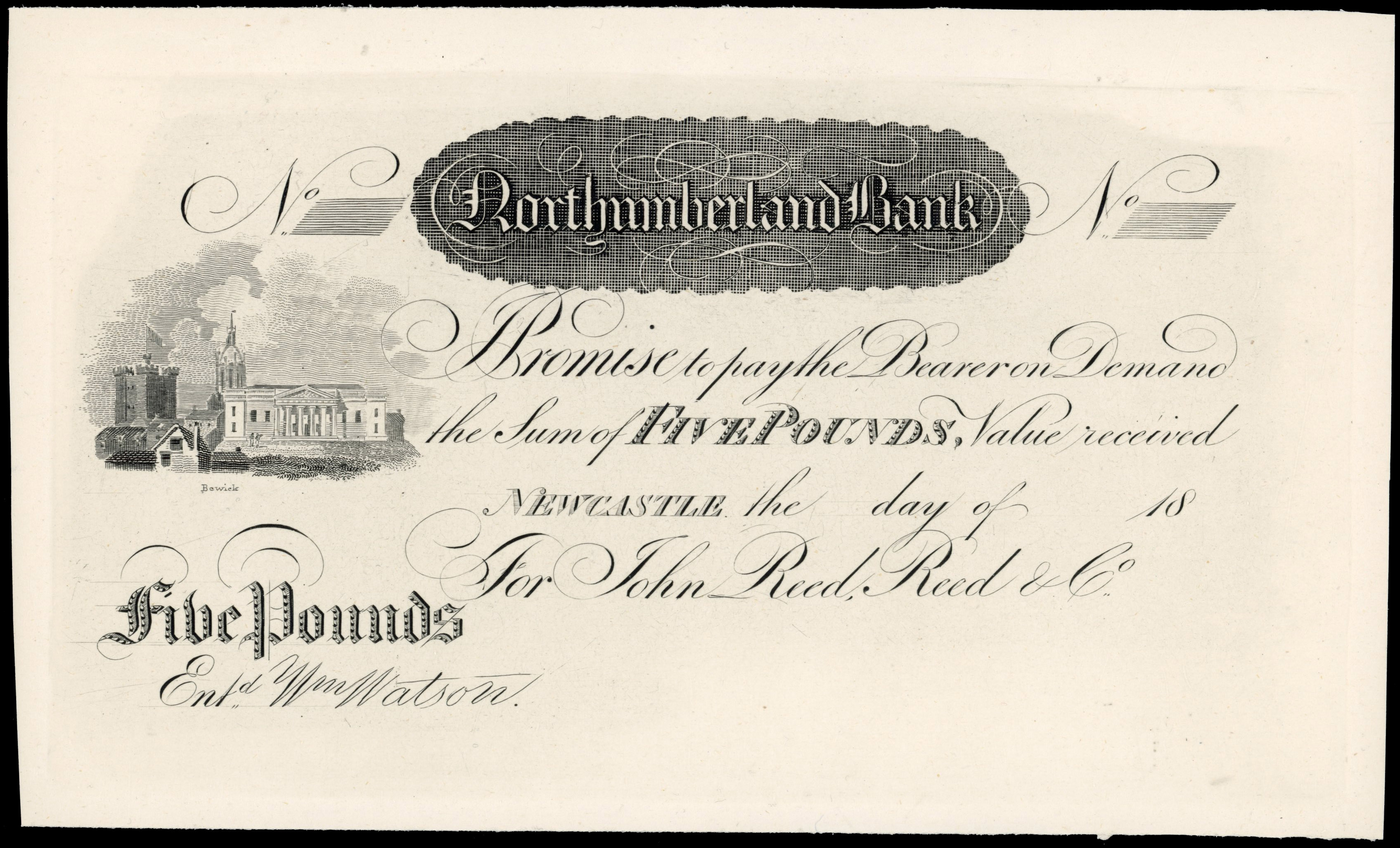 NEWCASTLE-UPON-TYNE, Northumberland Bank, for John Reed, Reed & Co., PLATE PROOF £5.,18--, Unsigned and no ser…