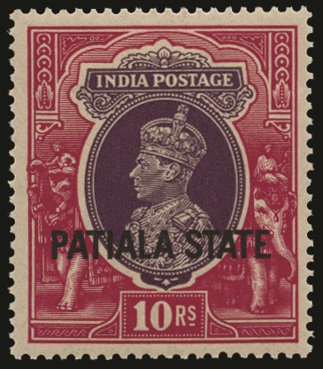 1937-38 10r purple and claret, 'PATIALA STATE', unmounted...