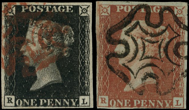 1840 1d black and 1d red brown, plate 10 (RL), both with clear to good margins and neatly cancelled