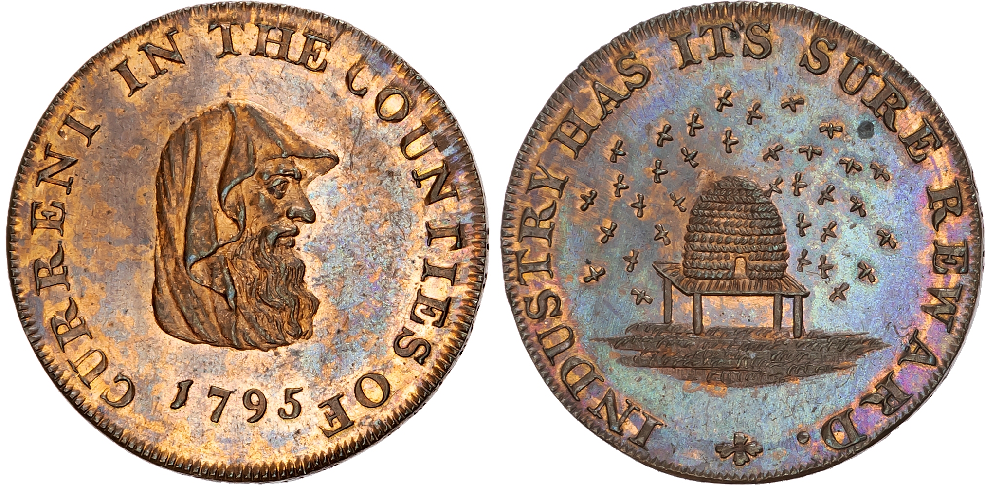 Cambs. County Circulation, Kempson’s Halfpenny 1795. Cowled druid’s head right, rev. bees and beehive, edge CAMBRIDGE BE …