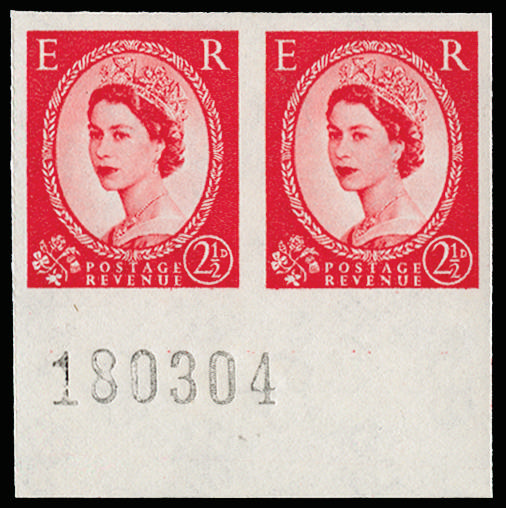 GB 1963 2½d Carmine-red (Wmk. Crowns Sideways, Type I Whiter paper). Superb unmounted o.g bottom margin… SG574a var