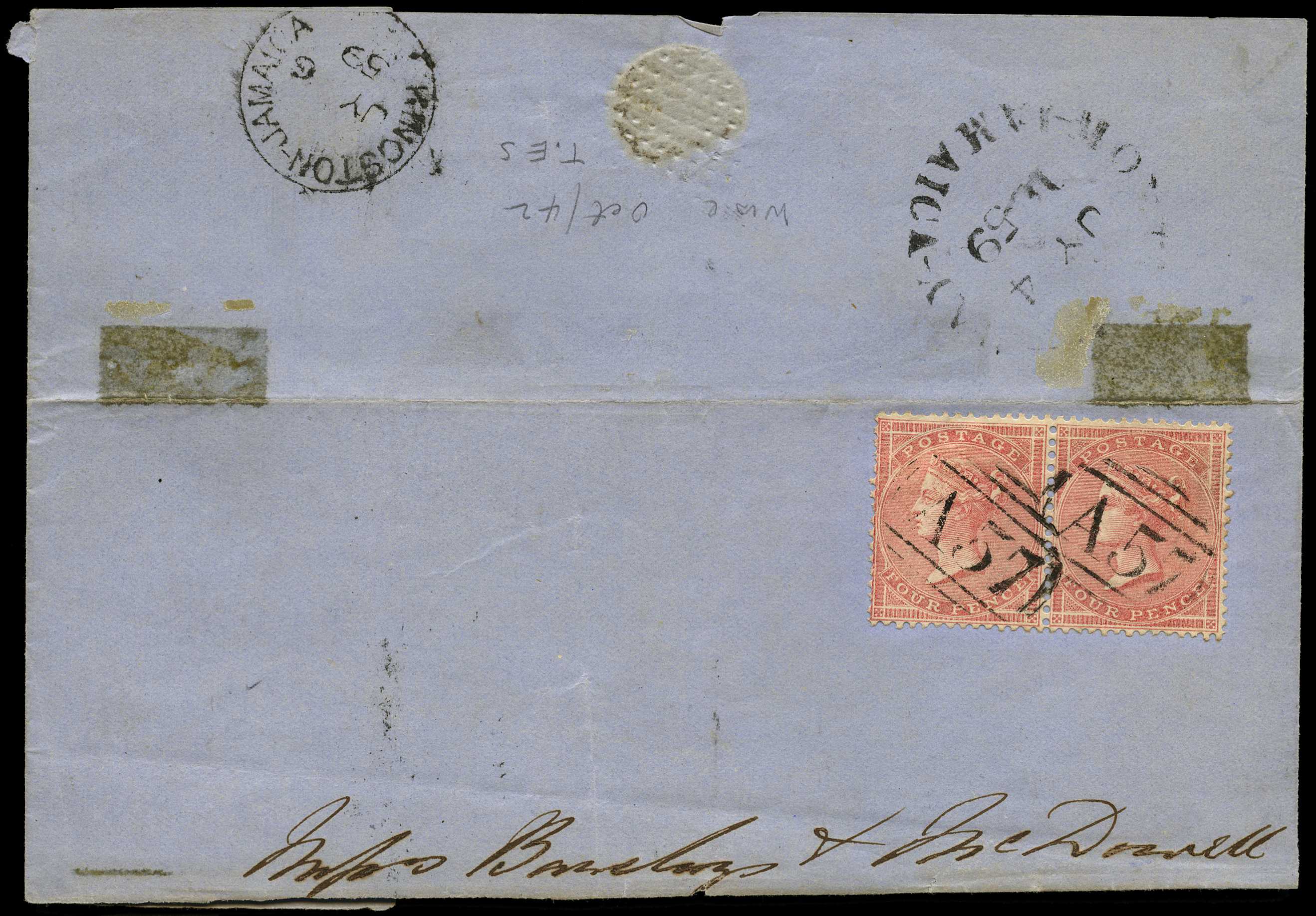 GB USED ABROAD: 1859 Montego Bay “A57”...