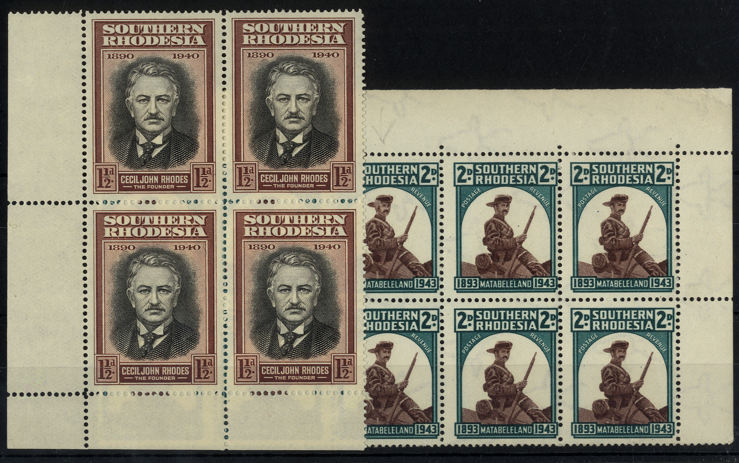 1940 BSA Co 1½d unmounted mint corner block of four, R6/1 recut shirt collar; and 1943 Matabeleland 2d corner block, mint...
