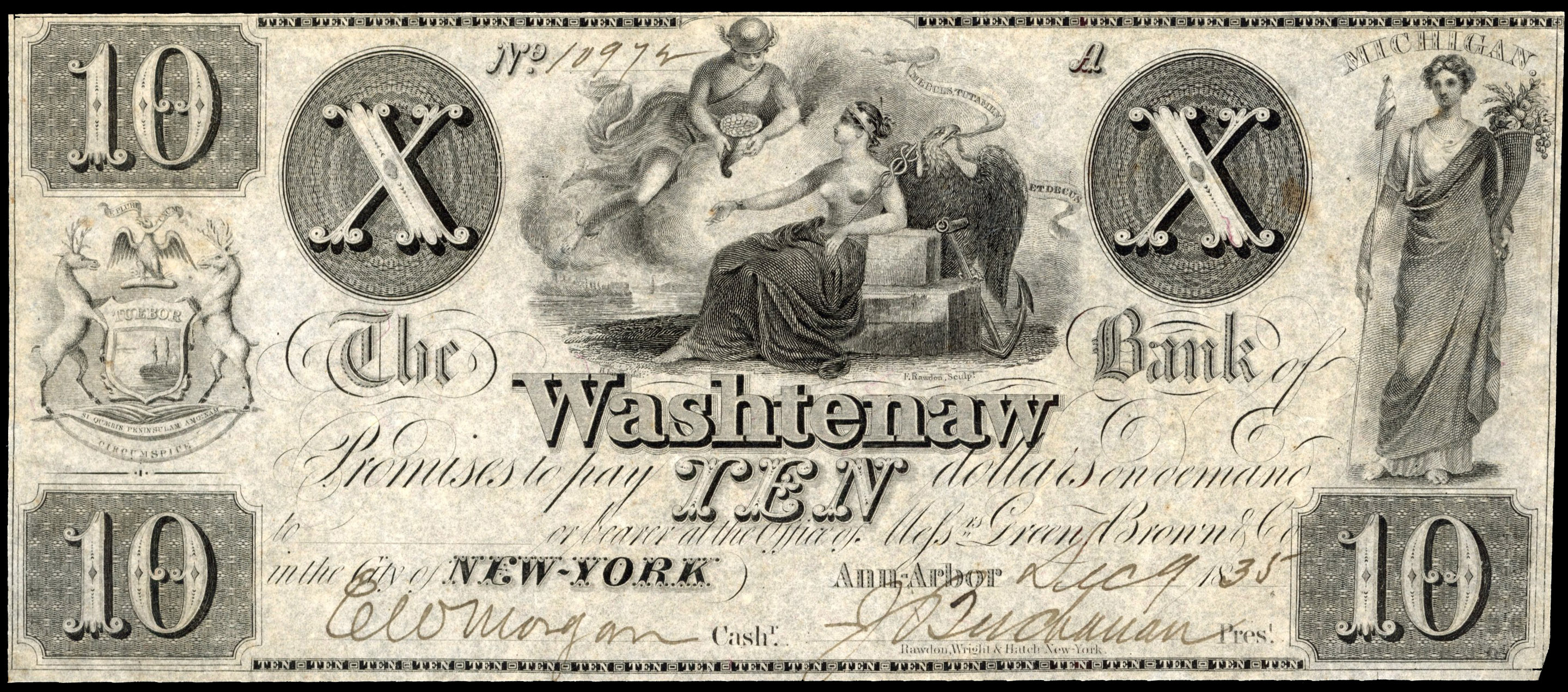 USA, MI. Ann Arbor, The Washtenaw Bank, Uniface Ten Dollars, 9 Aug. 1835. Apart from three stamp-hinge gum tra…