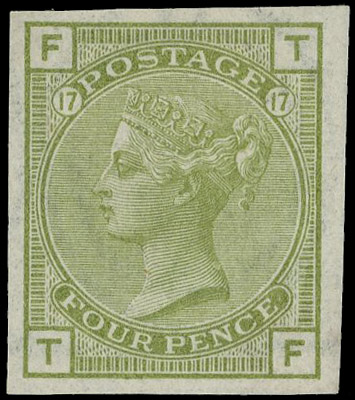 1877 4d Sage-green Pl.17. Very fine unused o.g. imperforate ‘abnormal’ imprimatur lettered TF. Scarce one of only 24 pos…