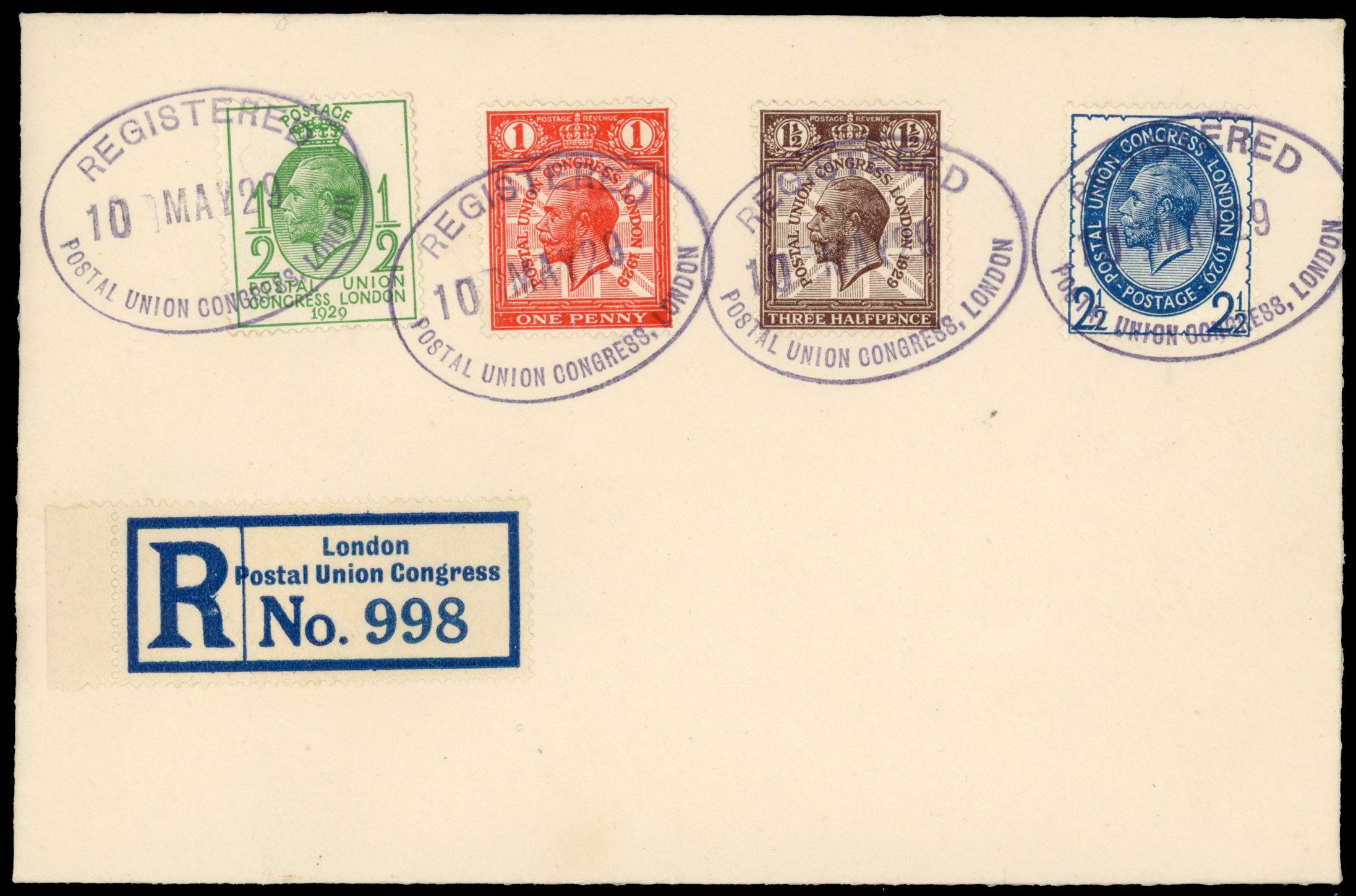 1929 ½d-2½d Postal Union Congress. Very fine unaddressed registered FDC