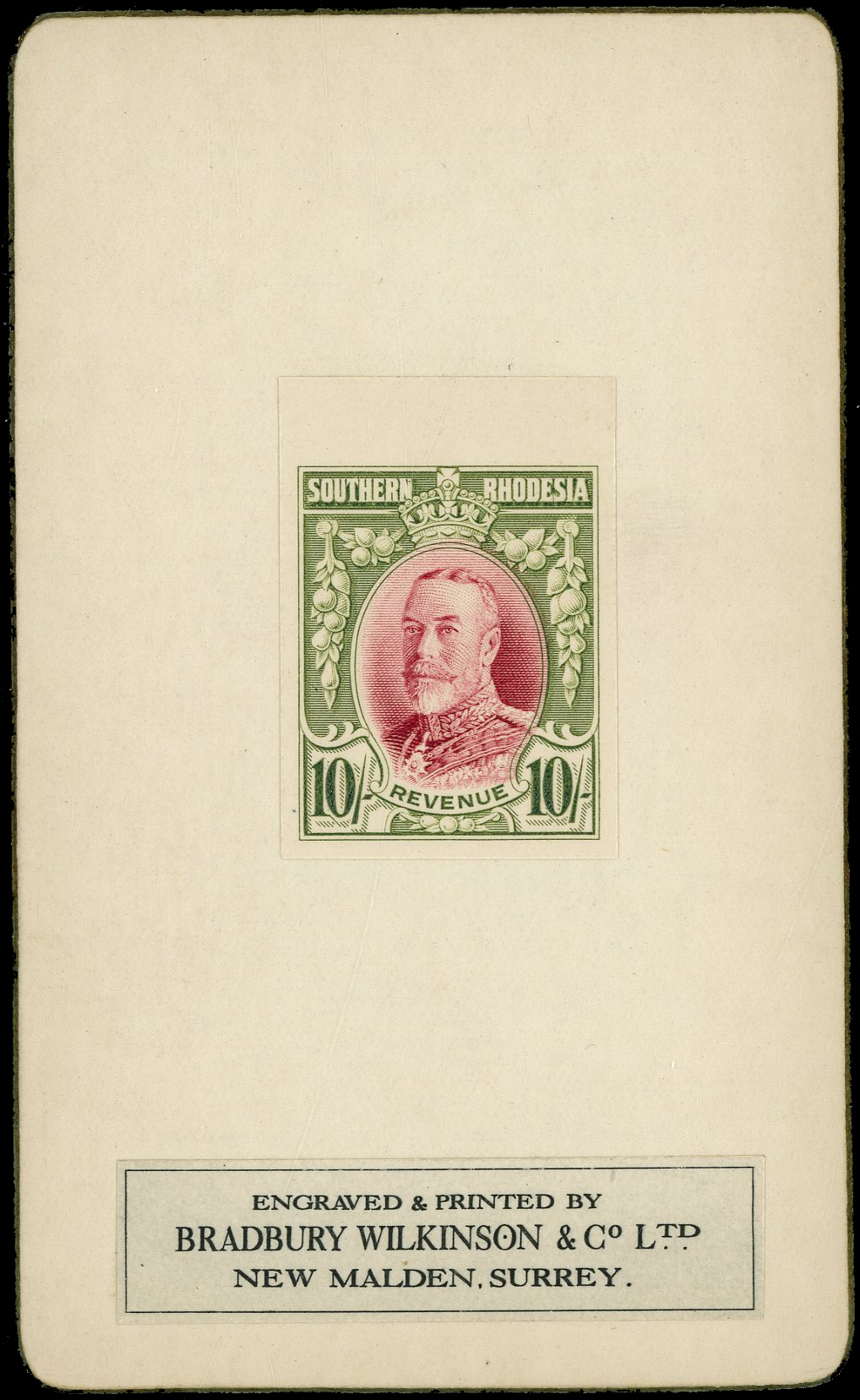 Southern Rhodesia Revenue 1930 10s green and red, imperforate colour trial
