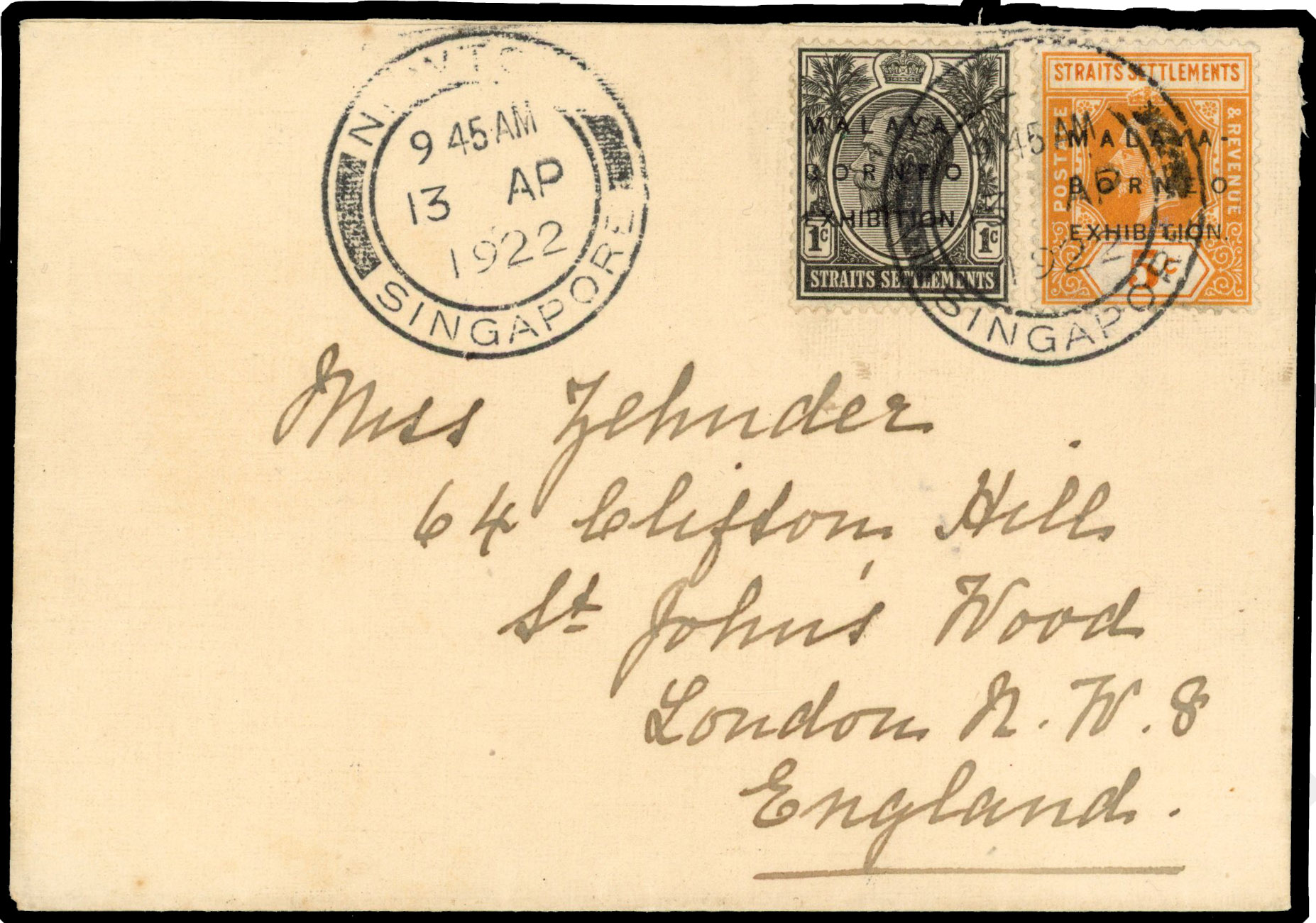 Straits Settlements 1922 cover from Singapore to London with MBE 1c, 5c