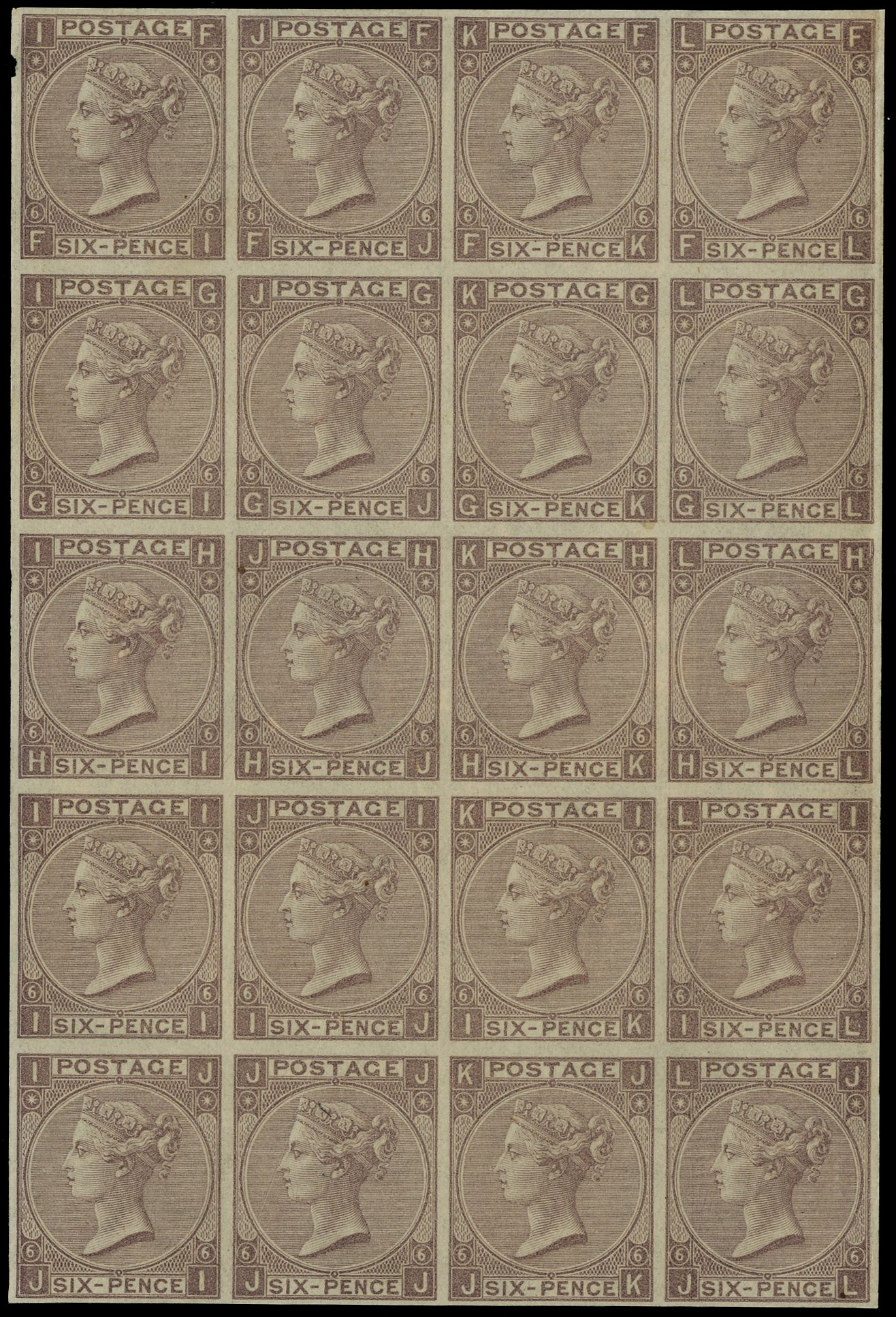 1867 6d Deep lilac Pl.6. Very fine imperforate plate proof block of 20 lettered FI-JL, printed on thin ungummed, unwater…