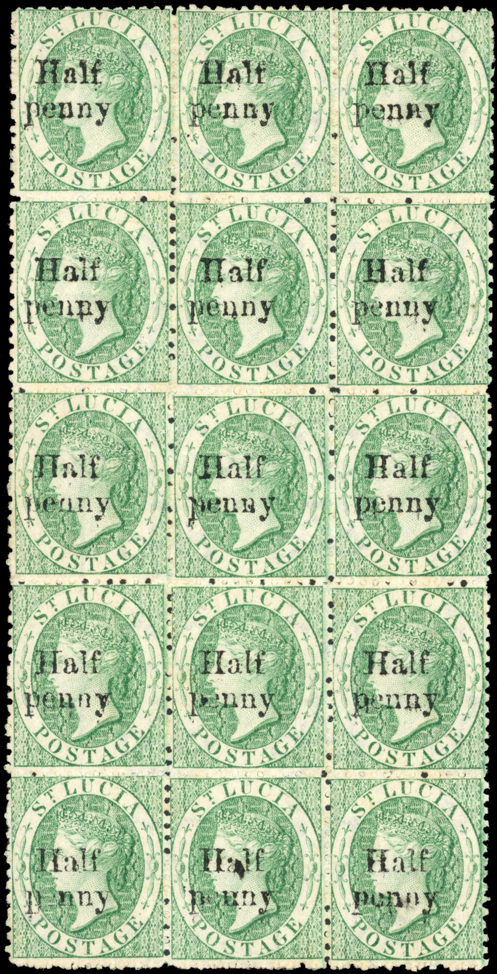 St Lucia SG 9 1863 ½d on 6d emerald-green block of 15 mint