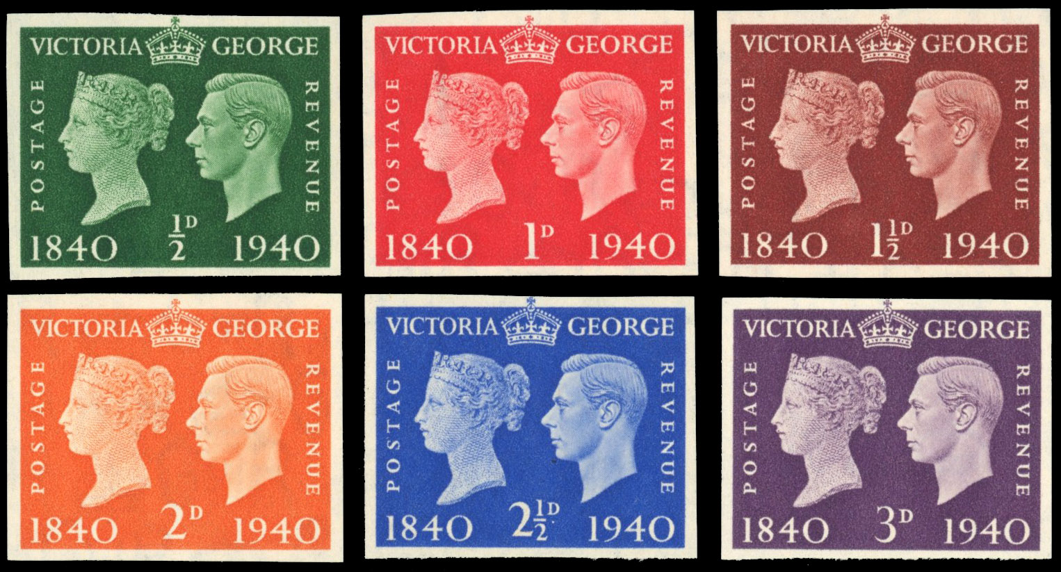 GB 1940 Centenary set of six imperforate imprimaturs SG 479var/484var