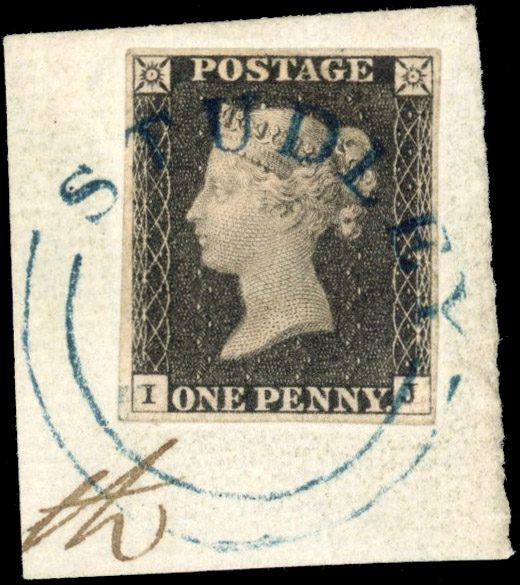 Great Britain 1840 1d black, Plate 3 used with UNIQUE BLUE Studley udc