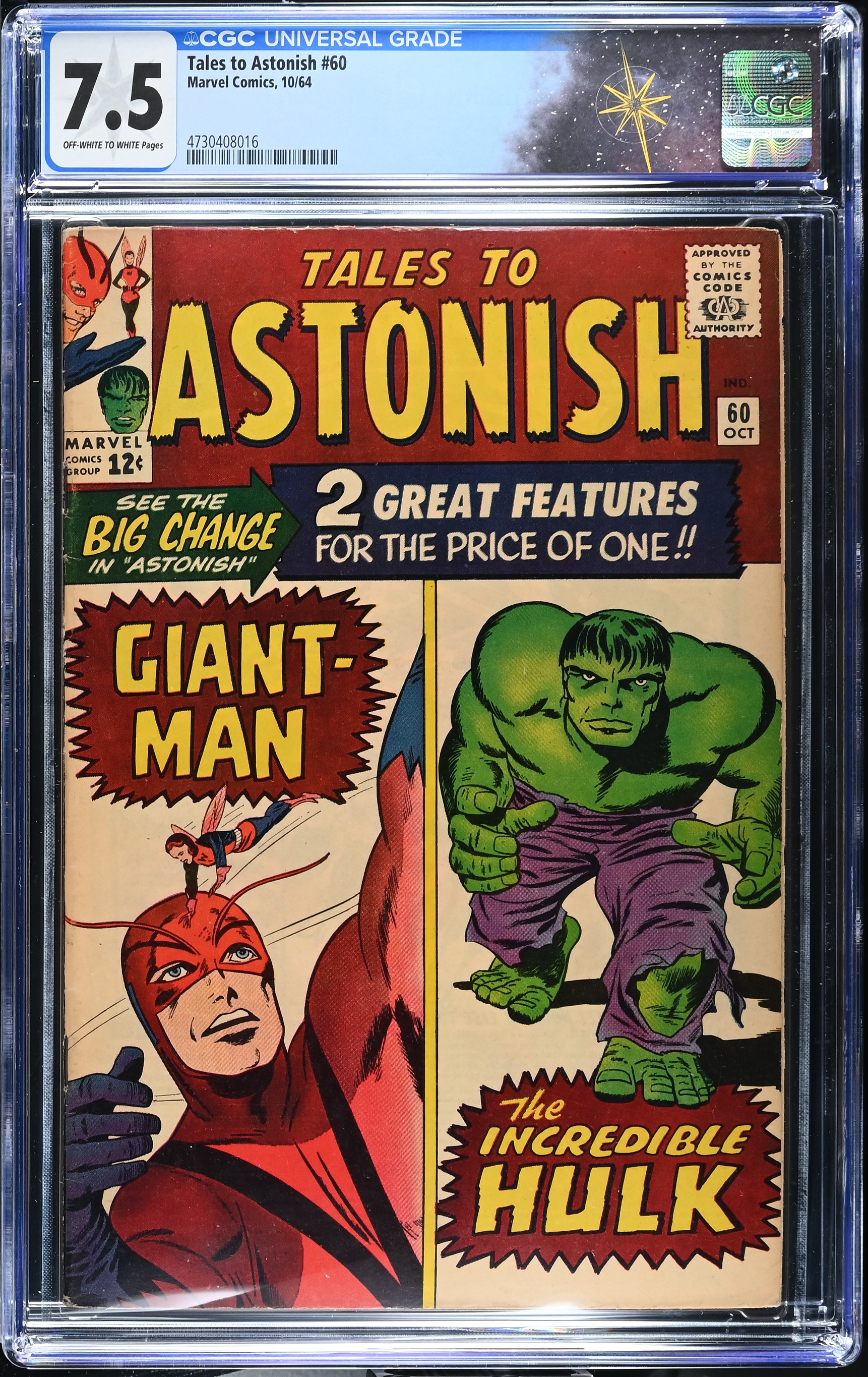 Tales to Astonish #60 CGC 7.5 1st Giant-Man & Hulk Double Feature (Marvel Comics, 1964) Off-White to White Pages