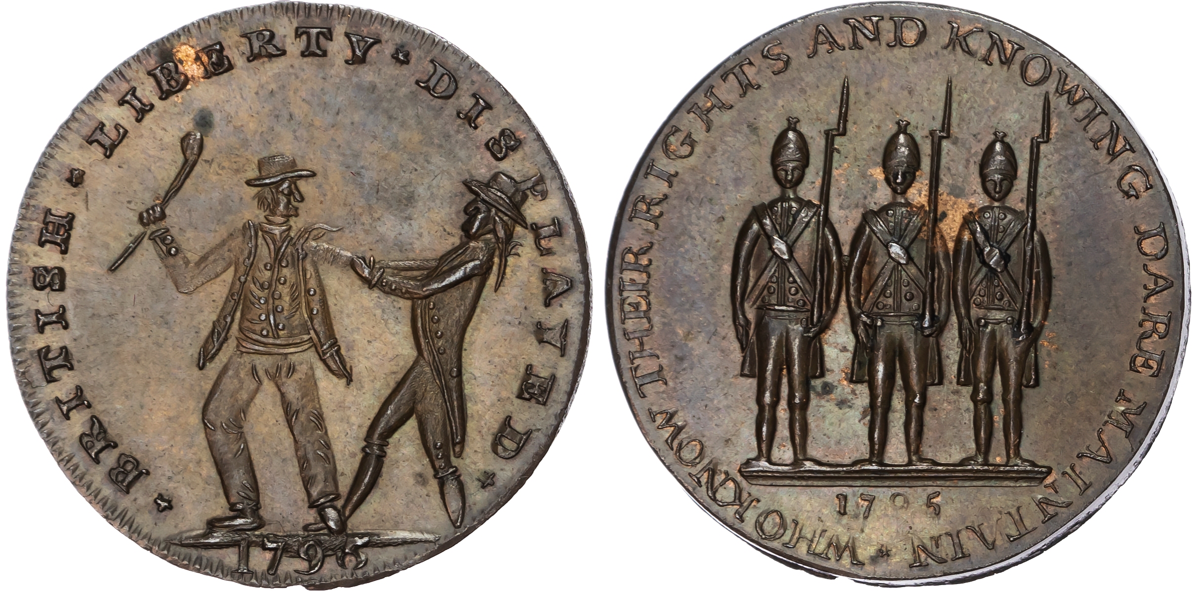 London , Holborn, Thomas Spence Halfpenny 1795, A landsman being press-ganged into the Navy, rev. Three fusili…