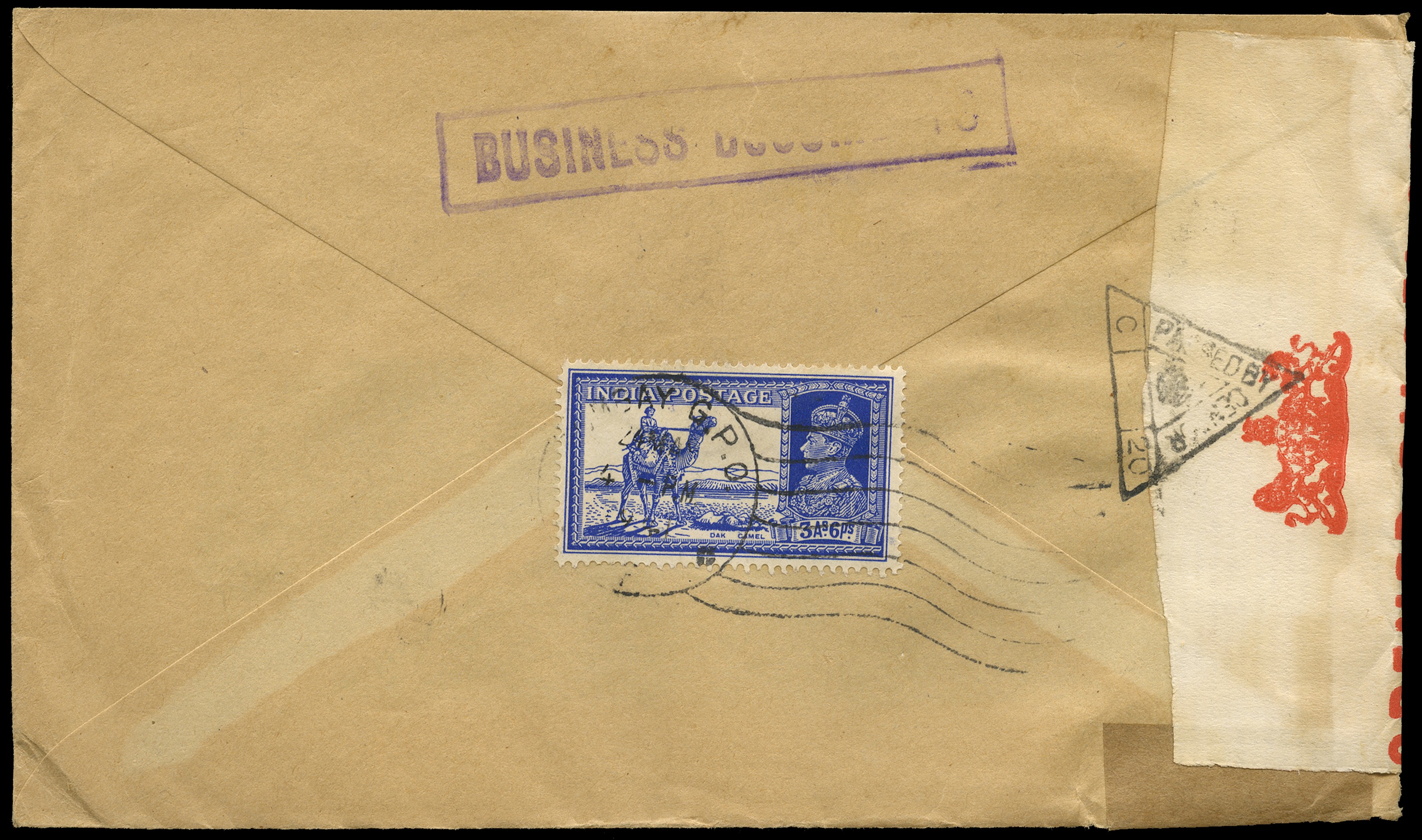 1941 Censored cover franked on reverse by...