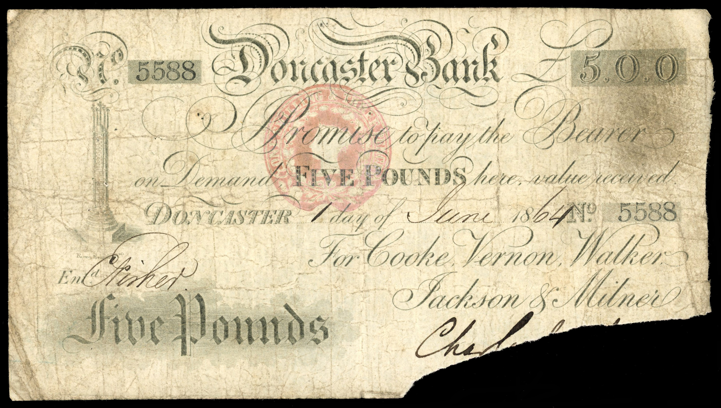 GB Banknote Duty 1s3d Embossed revenue on Doncaster Provincial Banknote