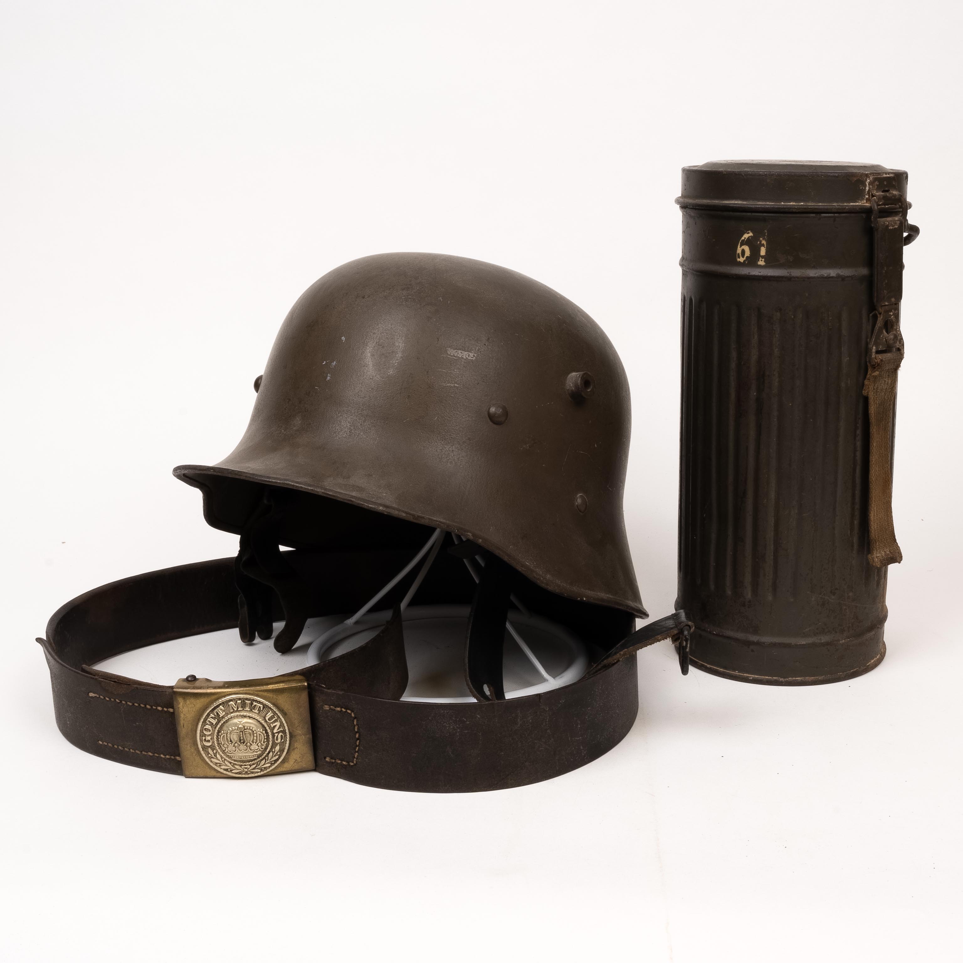 German M16 Pattern Steel Helmet, German WWII Gas Mask Cannister, German - Prussian Other Ranks Leather Belt/Buckle 1916