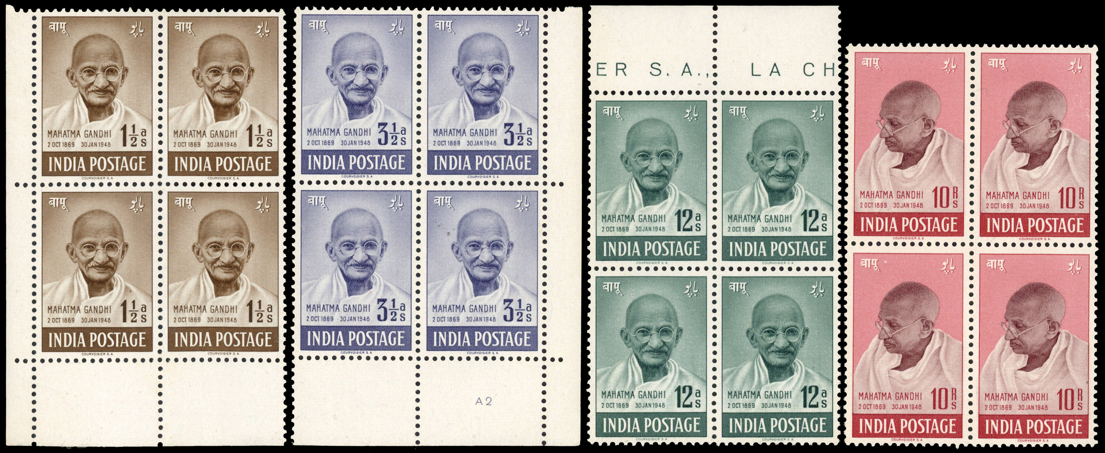 India 1948 Gandhi blocks mint