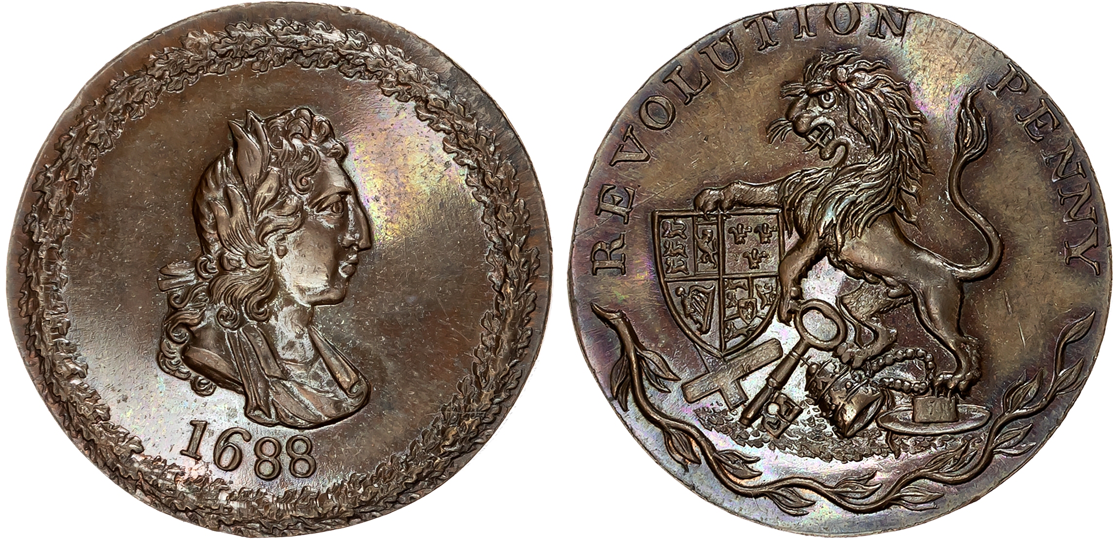 London,  National Series , Skidmore’s Penny for the Centenary of the Revolution. Bust of William III within oaken wreath …
