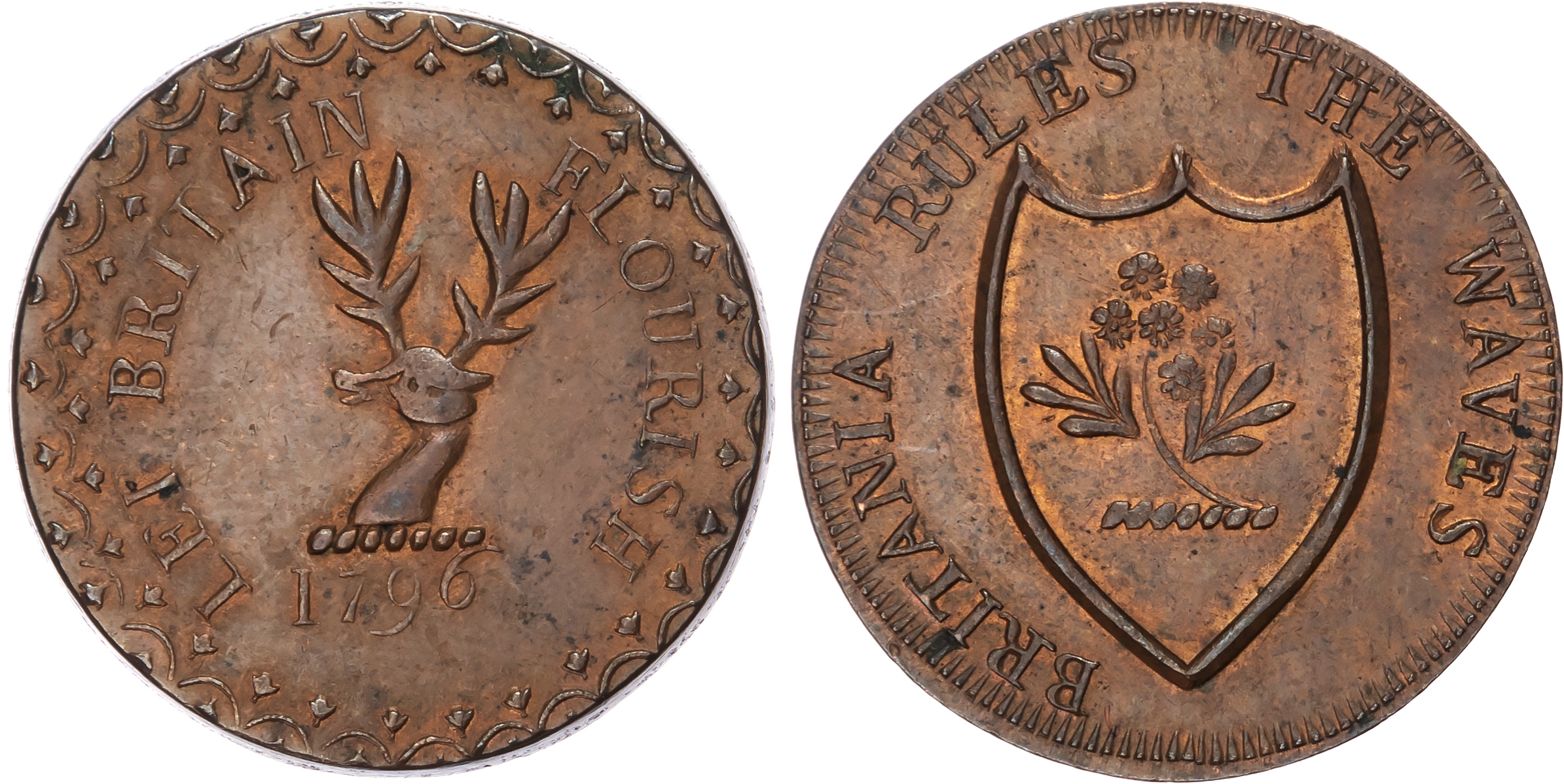 Loth. Edinburgh , unknown issuer Halfpenny 1796. Sprig of flowers crest on shield, rev. stag’s head crest, edg…