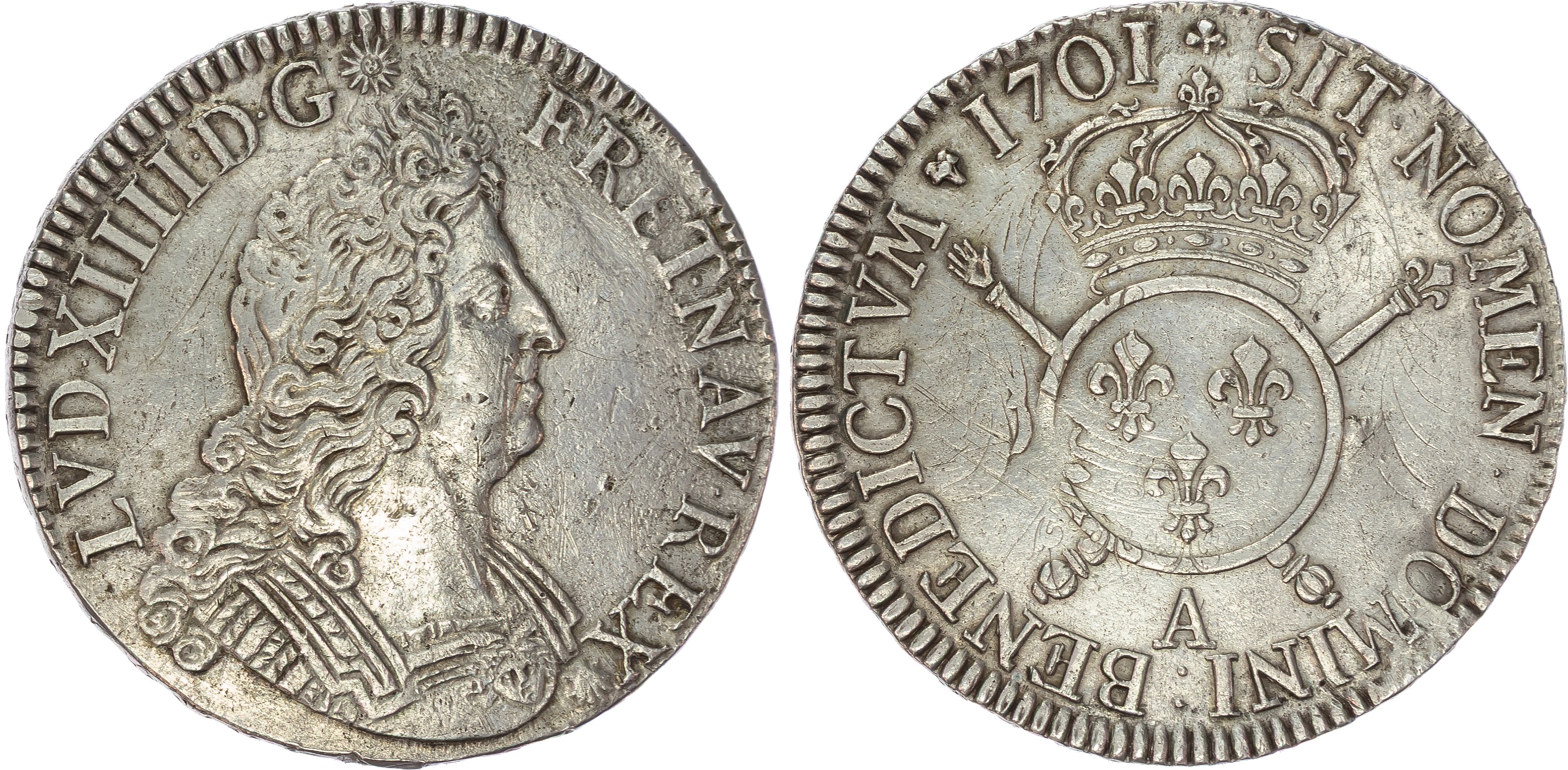 France , Louis XIV (1643-1715), silver Écu aux insignes, 1701 A, Paris, 27.04g (KM 329; Gad. 220). Very Fine, …
