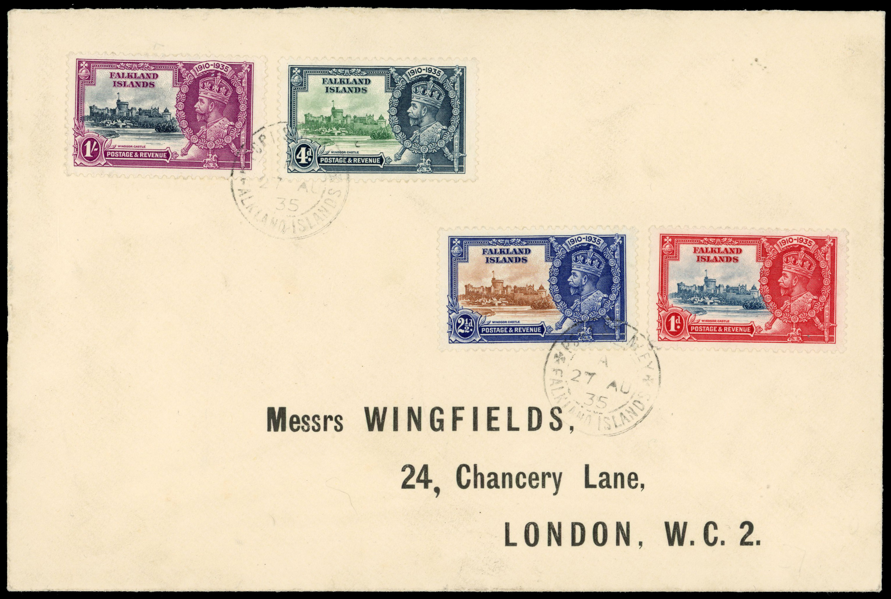 Falkland Islands 1935 Jubilee 1s SG 142d flagstaff on cover
