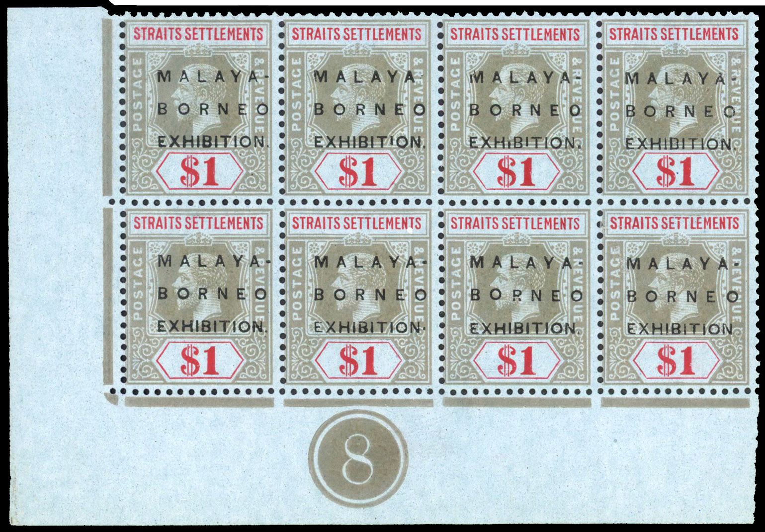 Straits Settlements 1922 MBE $1 wmk MCA plate block of 8