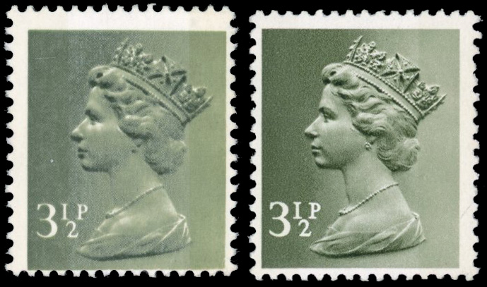 GB: 1971-96 3½p deep olive-brown, FCP/PVAD, faulty ink mix and 3½p deep olive-green, OCP/PVAD, error, both mint