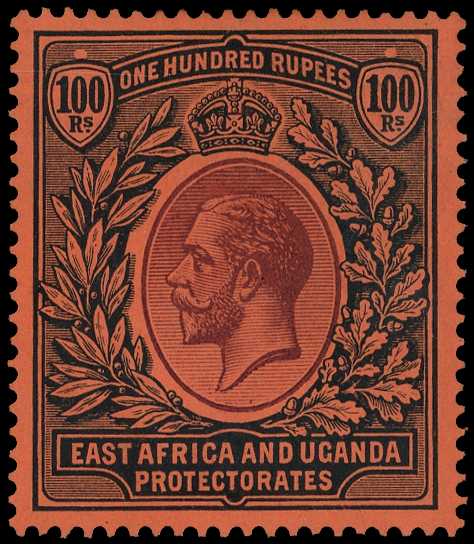 1912-21 100r purple and black on red, superb colour, well centred, Brandon certificate (1992), very fine o.g. SG 62 £9,500