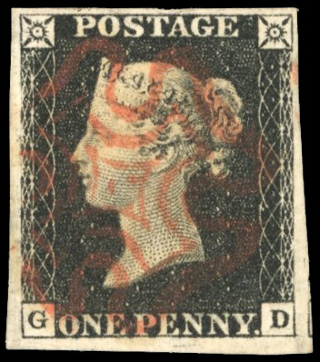 GB: 1840 1d black, plate 4 (GD), clear to large margins showing portion of adjoining stamp at right, used