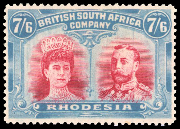 Rhodesia 1910-13 7s6d carmine and light blue perf 14