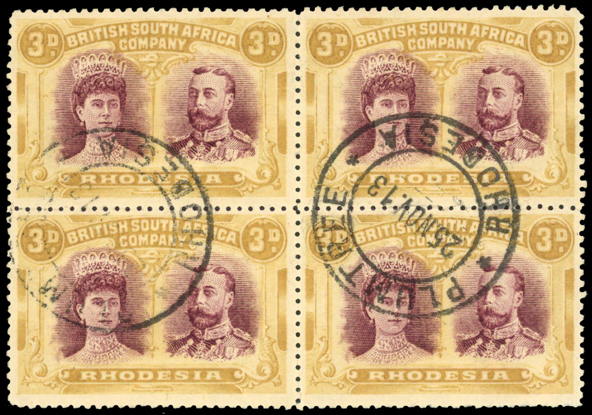 RSC G 3d brown-purple and ochre block of four used