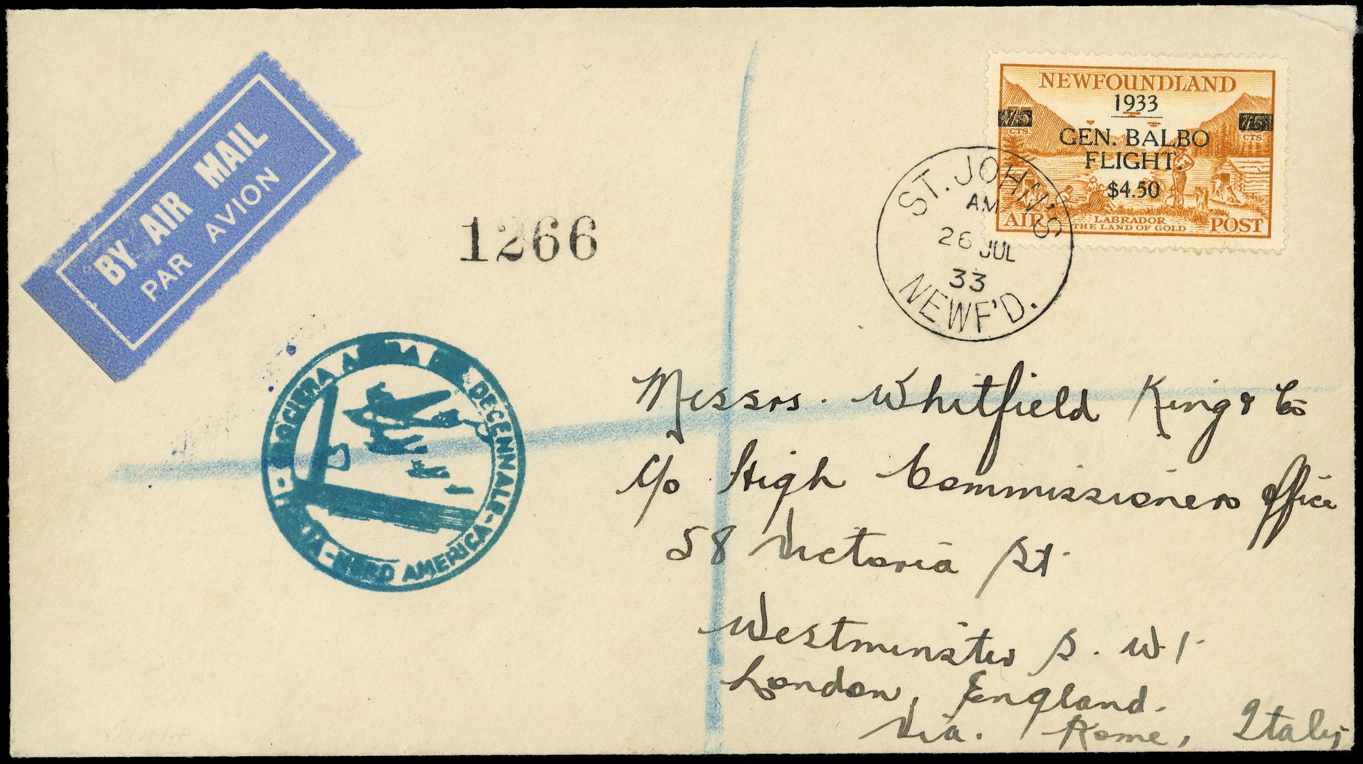 Newfoundland 19303 Air Balbo Flight from Newfoundland to London via Rome SG...
