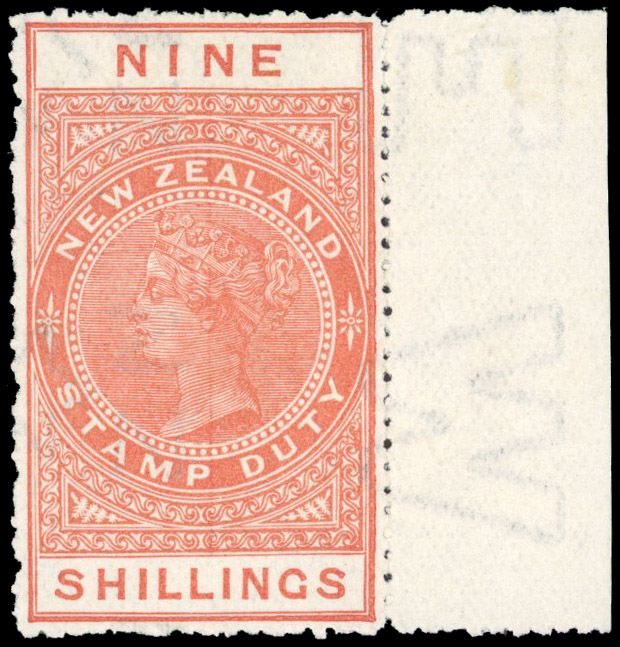 New Zealand 1906 postal fiscal 9s orange Cowan unsurfaced paper