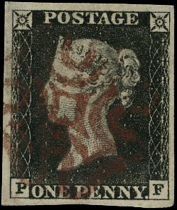 1840 1d Black Used (PF) Maroon MC