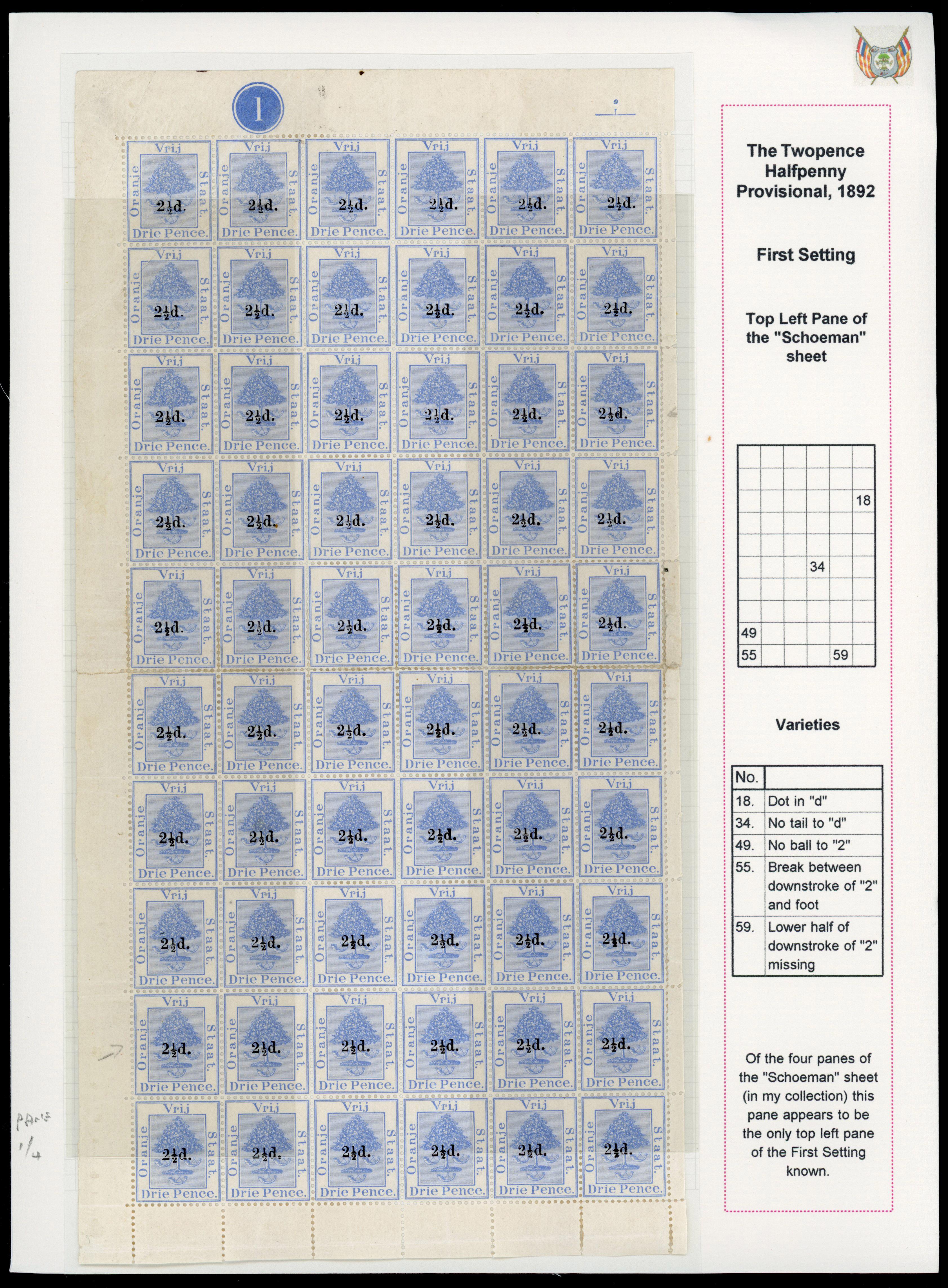 Orange Free State 1892 2½d on 3d sheet of 240 mint