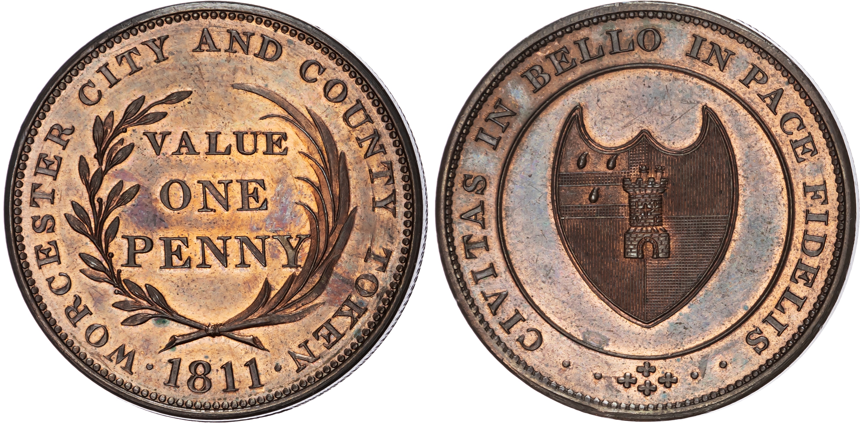 WORCESTER, Worcs. House of Industry (Workhouse) Penny 1811, Arms of the City, rev. denom. in olive and palm wr…
