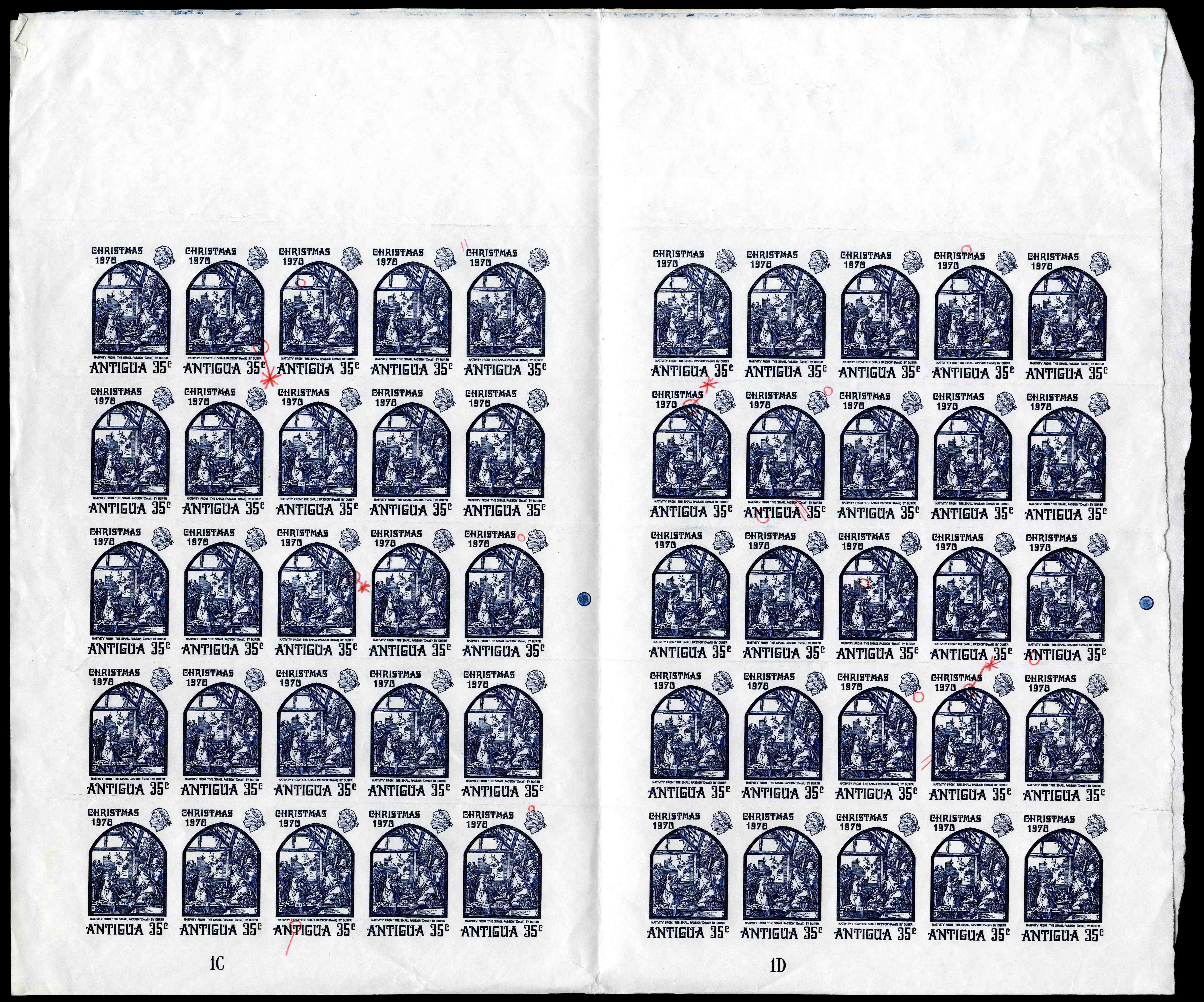 Antigua 1970 Christmas 35c printer's working plate proof SG 288var