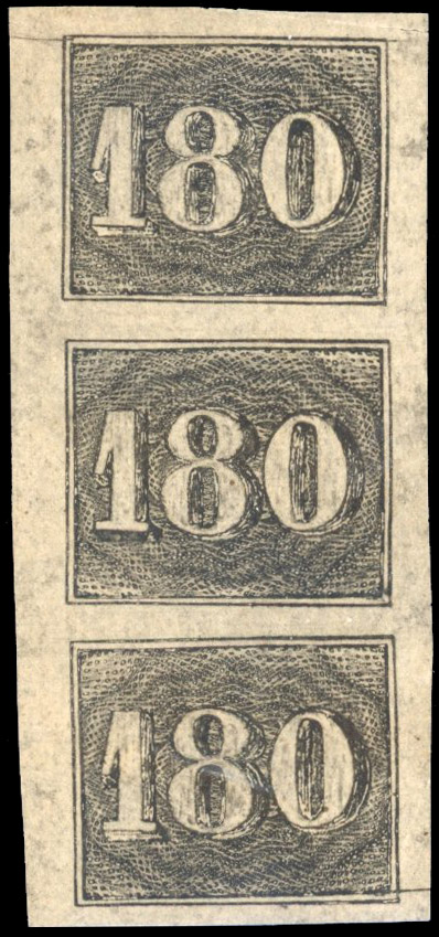 Brazil 1850 Upright Numerals 180r vertical stip of three large part o.g.