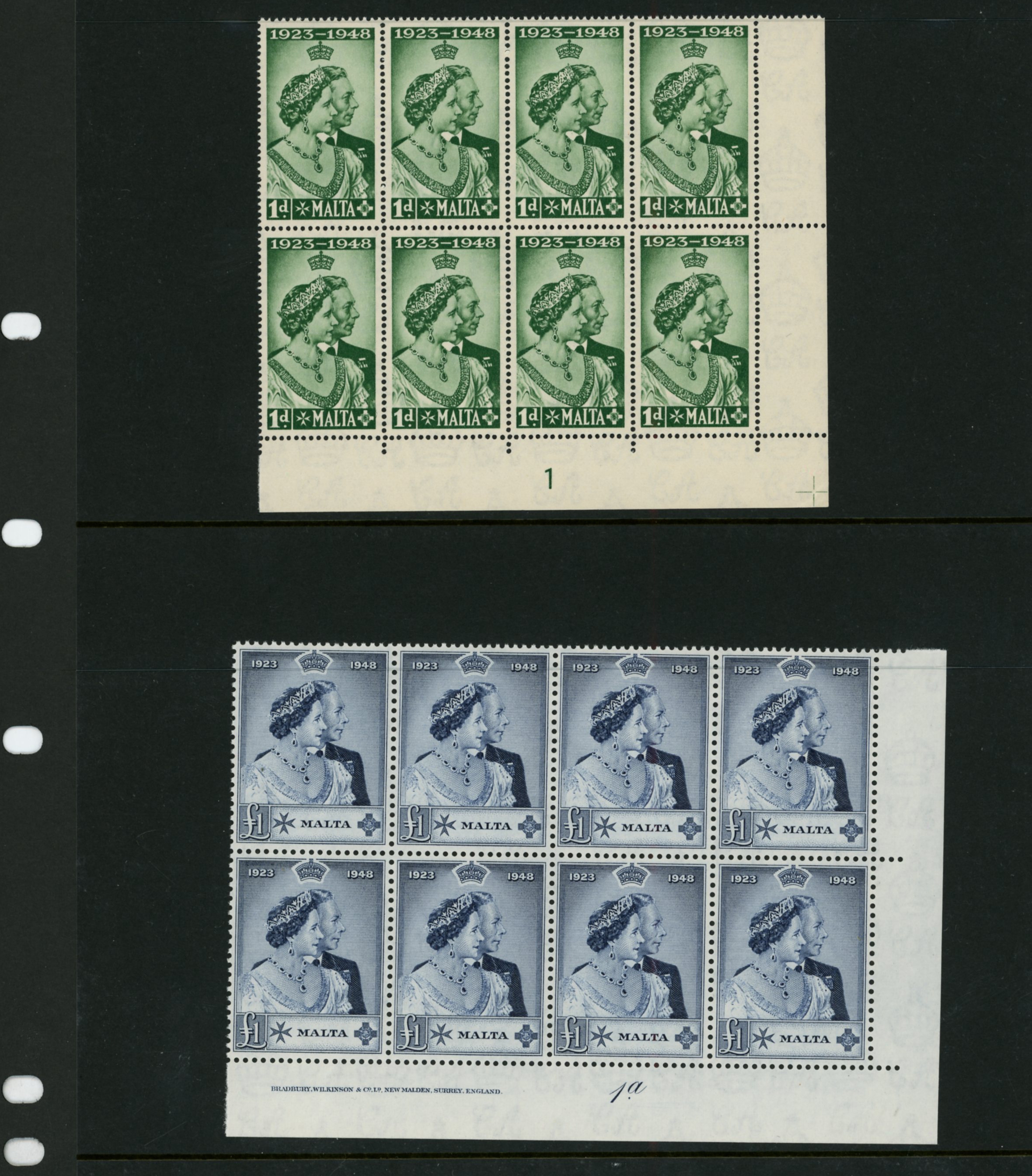Malta 1948 Royal Silver Wedding 1d and £1, lower right corner marginal plate or plate/imprint, blocks of...