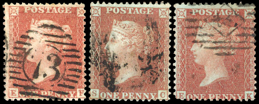 1856 1d Red-Brown Pl.22 & 23. (Alphabet III, Die II, Wmk Small Crown, Perf 14). Three used examples