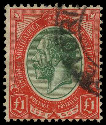 1913-24 £1 green and red cancelled by...