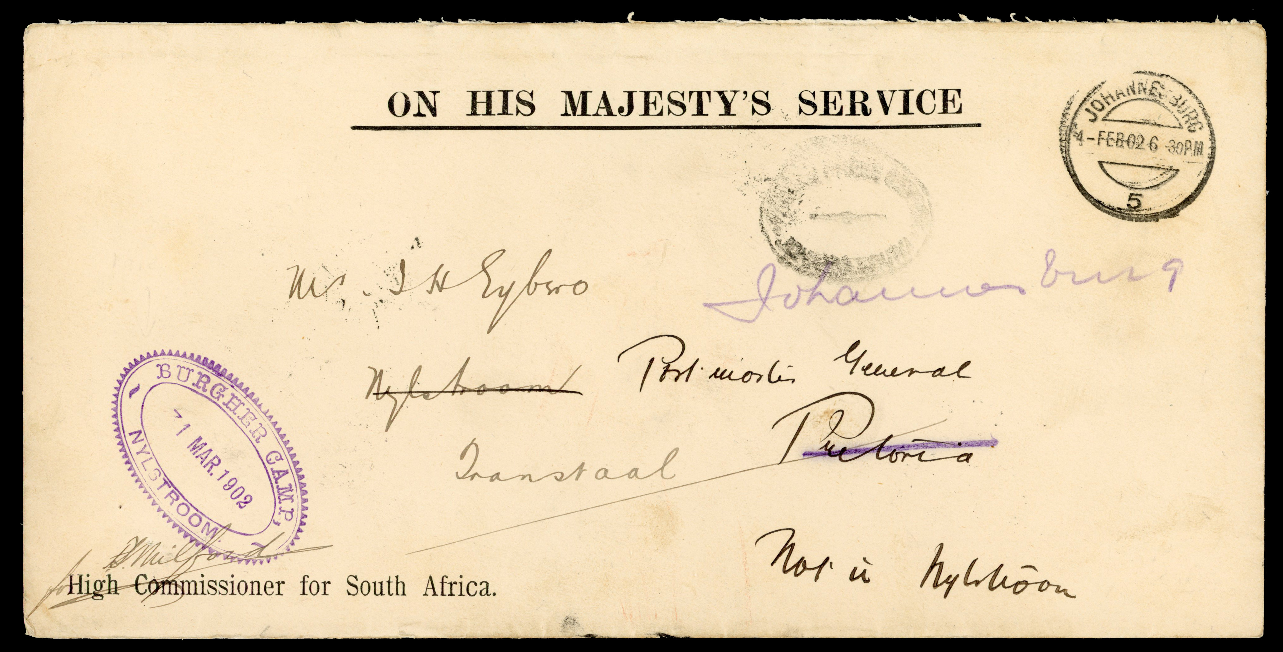 POSTAL HISTORY: 1902 stampless OHMS cover to Pretoria, redirected to Nylstroom then returned to Johannesburg,
