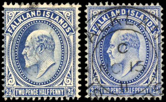 Falkland Islands SG 46aw, b used 1904-12 2½d watermark inverted and deep blue used